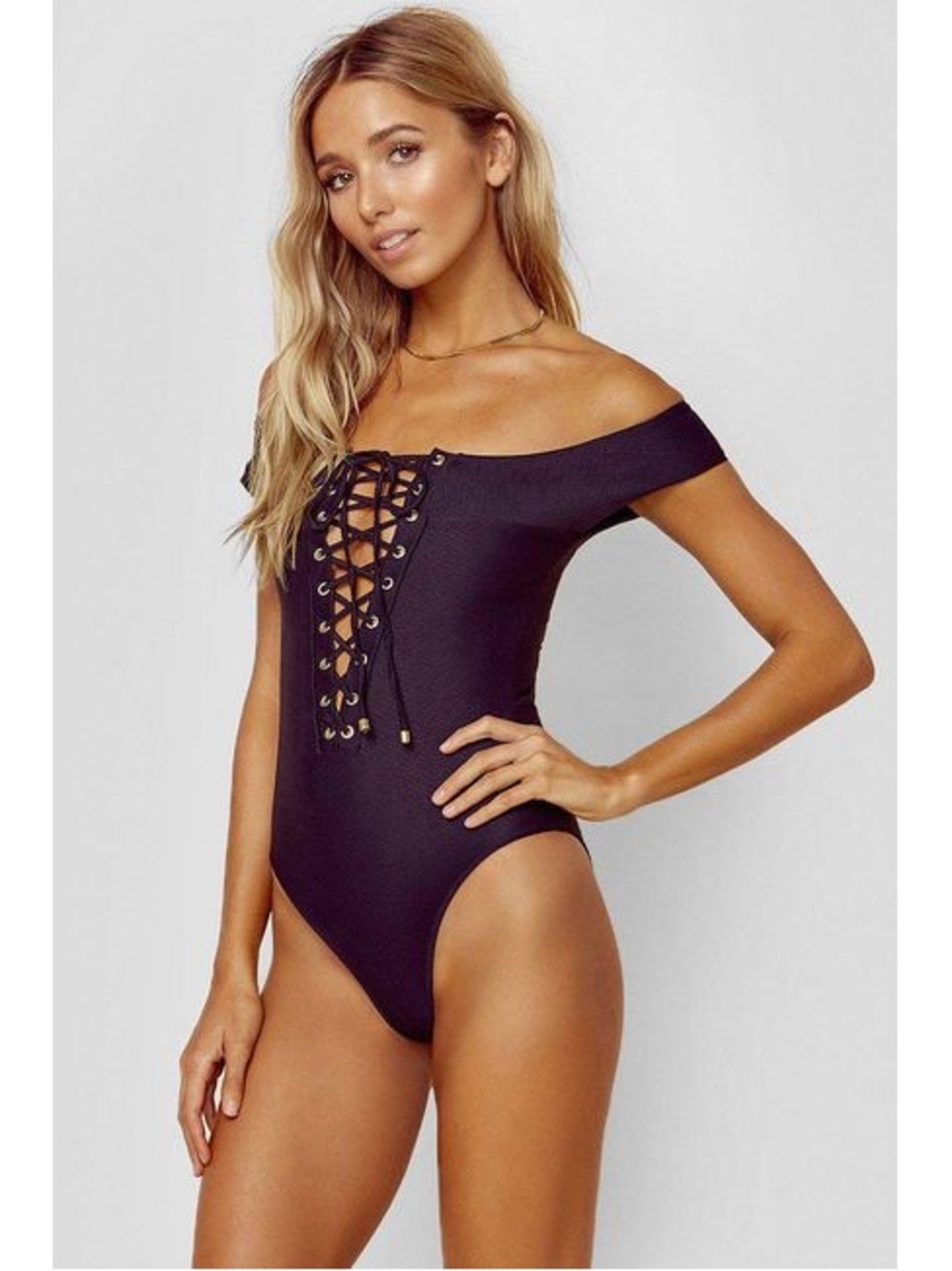 Blue Life Black Off-Shoulder Lace-Up One-Piece Swim